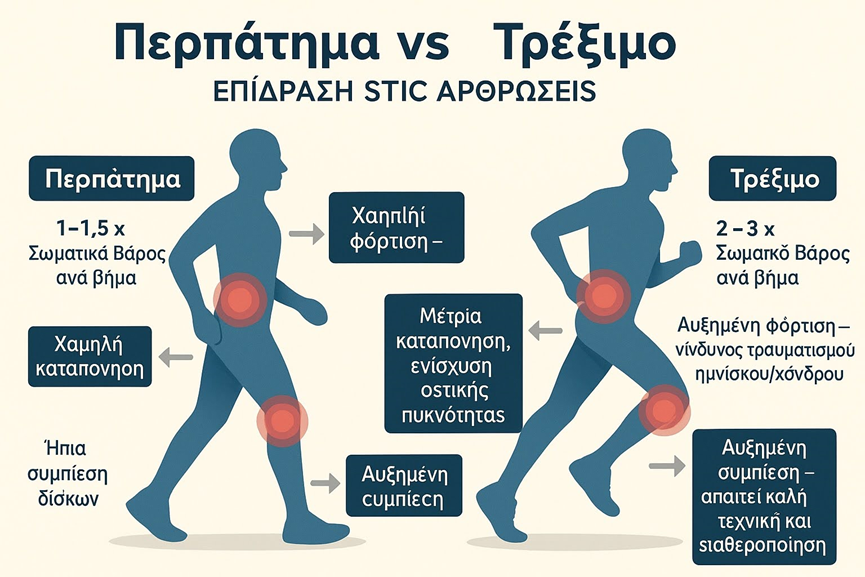 Περπάτημα ή τρέξιμο; Τι είναι καλύτερο για τις αρθρώσεις;. Η εικόνα δείχνει σε γράφημα τον παραπάνω πίνακα που αφορά στο τρέξιμο vs περπάτημα