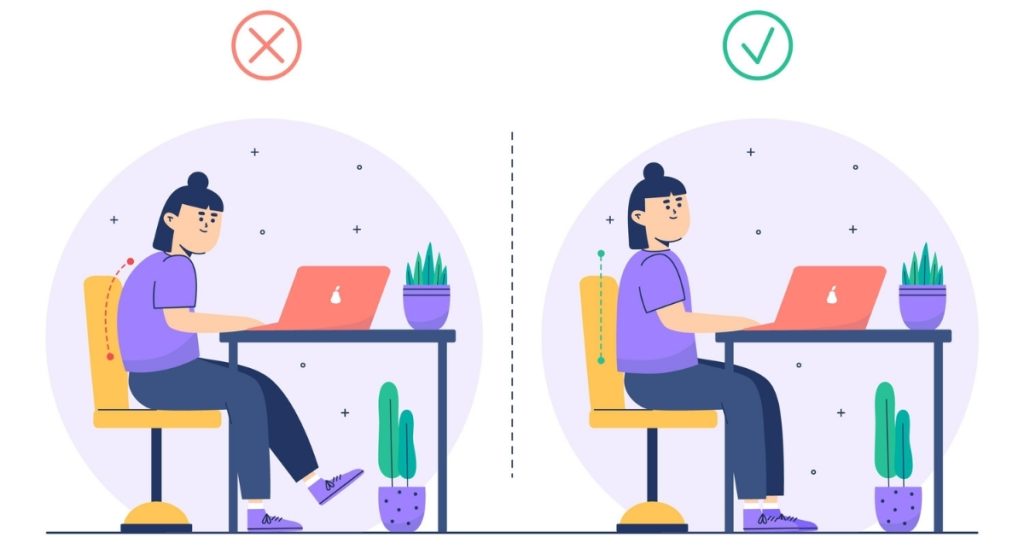 Πώς να κάθεσαι σωστά - Συμβουλές εργονομίας. Η εικόνα δείχνει σωστή και λάθος στάση σώματος στην καρέκλα (freepik.com)