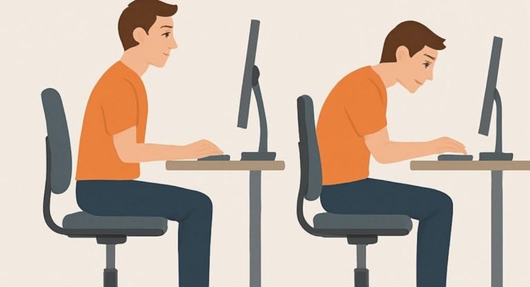 Πώς να κάθεσαι σωστά - Συμβουλές εργονομίας. Η εικόνα δείχνει σωστή κα λάθος θέση στον υπολογιστή.