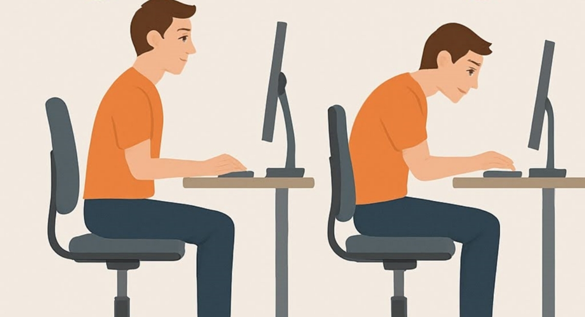 Πώς να κάθεσαι σωστά - Συμβουλές εργονομίας. Η εικόνα δείχνει σωστή κα λάθος θέση στον υπολογιστή.